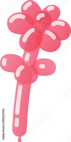 A flower on a stem with leaves, made from a pink balloon.