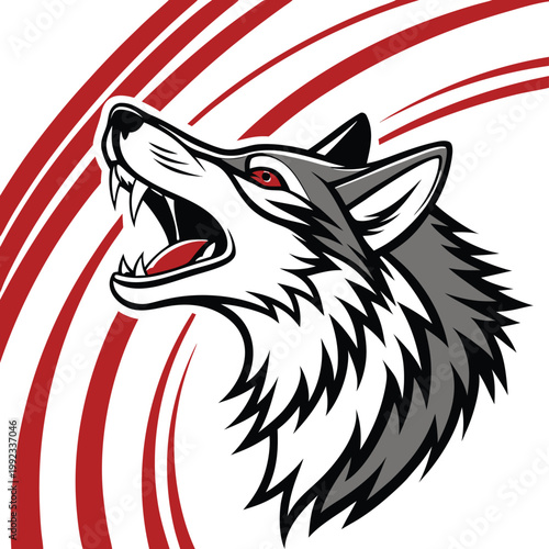 Vector illustration of a howling wolf mascot head with red eyes and open jaws against circular lines, predator