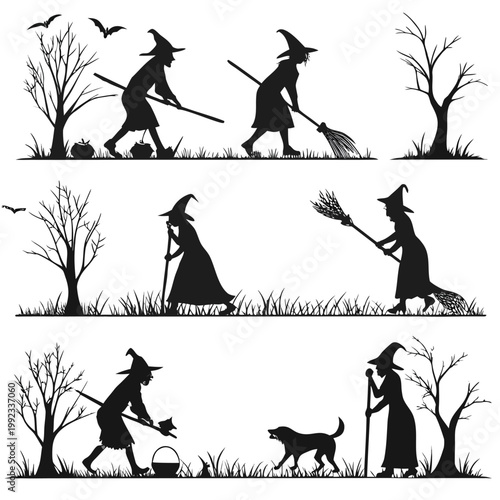 Vector illustration of witch silhouettes in various poses with dead trees and bats for halloween design