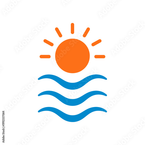 Simple icon of sun over wavy water.