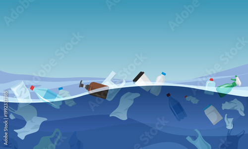 Ocean Plastic Pollution Vector Illustration. Hand drawn vector.