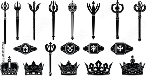 Royal Jewelry Vector Silhouette Set Featuring Imperial Crowns, Ornate Scepters, Medieval Signet Rings, Monarch Regalia, Kingdom Authority Symbols, Antique Jewelry, and Sovereign Treasury Icons