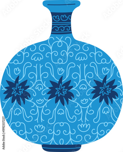 Asian wide vase and narrow neck, vector blue porcelain or clay tableware, vintage oriental pottery floral ornaments