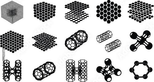 Scientific molecular silhouettes set featuring graphene honeycomb lattices, carbon nanotubes, atomic structures, chemical bonds, 3D nanotechnology models, and laboratory research physics icons.