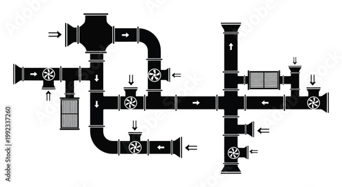 A complex system of industrial pipes and valves is depicted in a stark black silhouette high quality professional detailed modern elegant