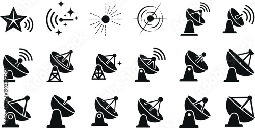 Satellite dish silhouettes set featuring telecommunication antennas, radar signals, radio astronomy equipment, broadcast tracelestial star icons, and global wireless communication technology elements.