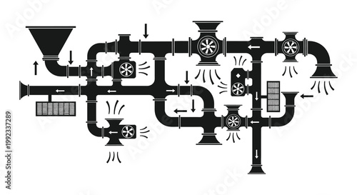 A complex network of industrial pipes and valves is depicted in stark black forming a distinctive silhouette high quality professional detailed