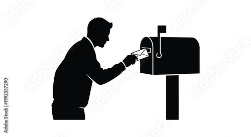 A man in a suit deposits mail into a mailbox shown as a stark black graphic silhouette high quality professional detailed