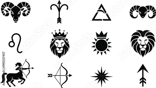 Set of Fire Element Zodiac Signs Silhouette Vector Illustrations Featuring Aries Leo and Sagittarius Symbols with Lion Ram and Archer Icons for Astrology