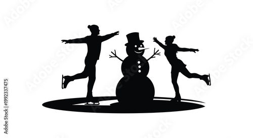 A winter scene depicts ice skaters and a snowman in a striking black silhouette high quality professional detailed modern elegant stylish