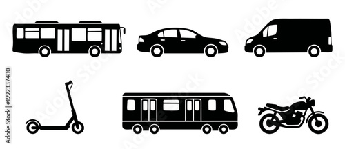 Transportation Icons Set: Bus, Car, Van, Scooter, Train, and Motorcycle. Black and white vector silhouettes for urban mobility, public transit, logistics, delivery, and commuting design elements colle