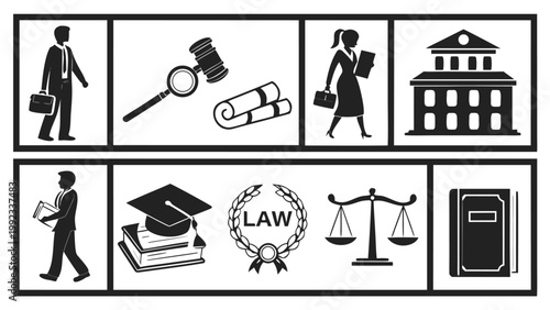 Vector illustration of law and justice icons set featuring legal professionals gavel scales courthouse