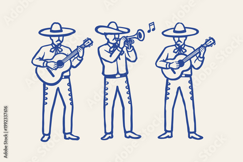 Mariachi band doodle vector illustration with guitar and trumpet players in hand drawn Mexican folk style