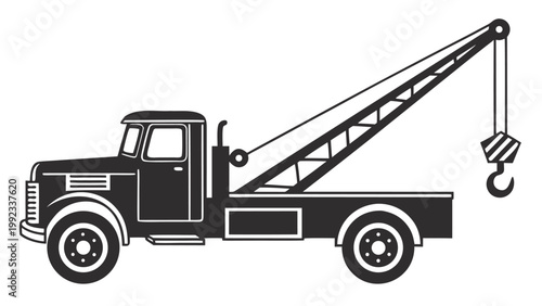 Vector illustration of an old-fashioned tow truck with a crane and hook side view transport roadside