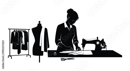 A focused seamstress works at her table with a dress form and sewing machine presented as a silhouette high quality professional