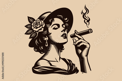 Vintage smoking woman doodle vector illustration with cigar, rose hat and elegant retro portrait style