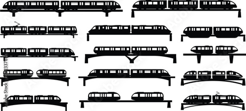 Set of modern sky train silhouettes, futuristic monorail on elevated tracks, urban transit commuter rail icons, high speed city transport vectors for design.