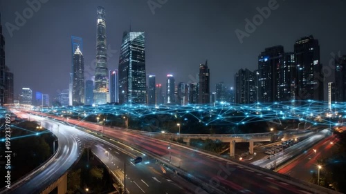 Modern cityscape at night with light streaks on the roads and a connected network overlay