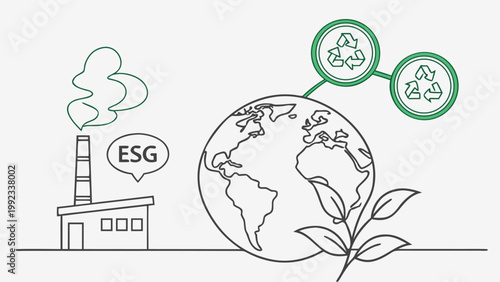 Vector illustration showing esg concept with factory smoke, earth globe, recycle symbols and green plant