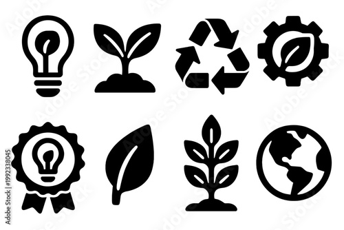 Eco Icons Collection. Sustainable Creativity silhouette set: eco light bulb, plant sprout, recycled arrows, green gear, ethical idea badge, leaf symbol, tree growth, planet icon