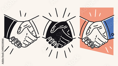 Vector illustration of three different handshake icons representing partnership and agreement with handshake