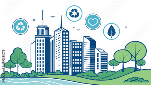 Vector illustration of a green sustainable city with skyscrapers, park trees, river and ecology icons