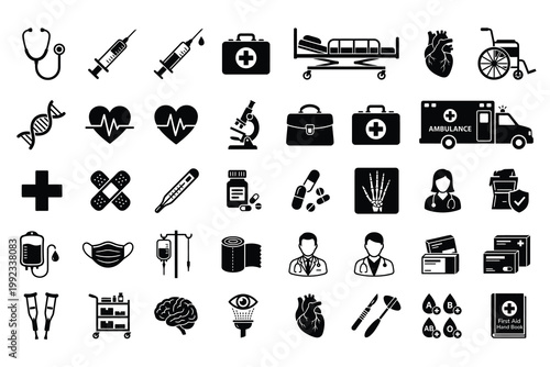 A professional vector silhouette sheet of 30 different medical and first aid icons .eps