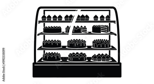 A black and white display case filled with various cakes and cupcakes presented as a striking silhouette high quality professional detailed