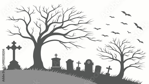 Vector illustration of a spooky halloween graveyard scene with bare trees tombstones flying bats, graveyard
