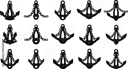 Set of nautical anchor silhouettes with metal chains, black maritime ship equipment icons in various styles isolated on a clean white background.