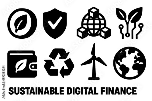 Eco-Finance Icon Set. Sustainable Digital Finance silhouette set: eco coin, ethical payment badge, blockchain globe, leaf circuit, green wallet, recycle arrows, renewable energy