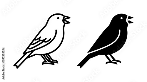 Tableau sur toile Chirping Bird Icons, Simple Line Art and Solid Silhouette, Vector Graphics for N