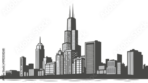 Vector illustration of a modern city skyline silhouette with towering skyscrapers and buildings, represents