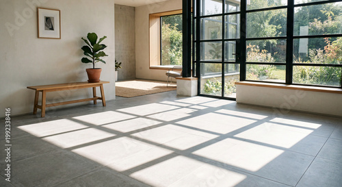 Sunlight streams across the floor of a minimalist, modern apartment living room with large windows