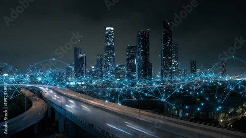Glowing futuristic city skyline with roads and interconnecting network lines at night