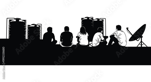 A group of people sit on a rooftop with water tanks and a satellite dish presented as a striking silhouette