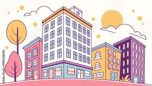 Vector illustration of a cityscape with colorful buildings trees a sunny sky cityscape buildings