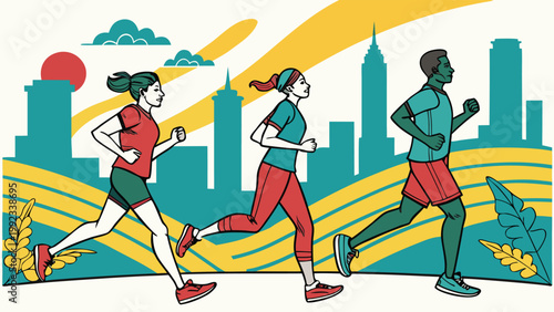 Vector illustration of diverse people jogging in a modern city park with urban skyline, promoting health