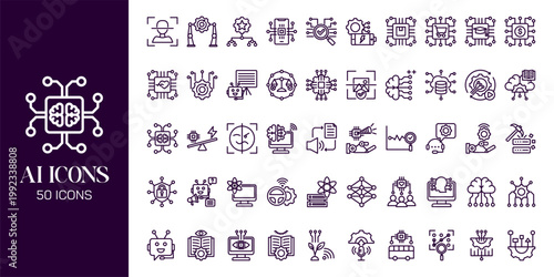 Artificial Intelligence Icon Set with AI Brain, Machine Learning, Robot, Data Network and Futuristic Technology Vector Collection