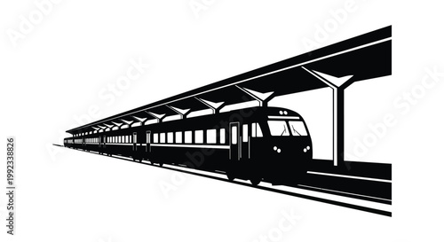 A long passenger train is depicted at a station platform rendered in stark black and white silhouette high quality professional detailed