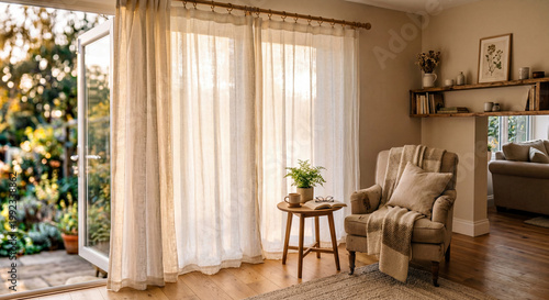 Bright and inviting living space featuring a cozy armchair and an open door leading to a vibrant garden, perfect for relaxing moments at home