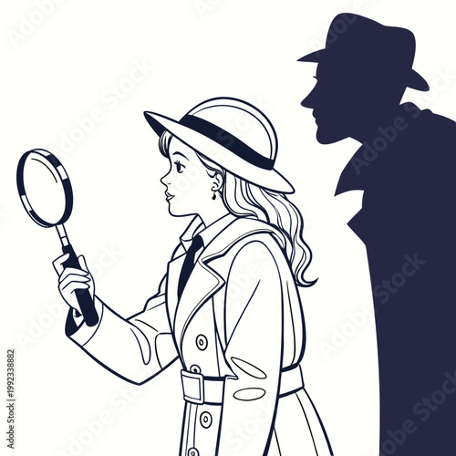 Vector illustration of a female detective with a magnifying glass and a mysterious male shadow, detective