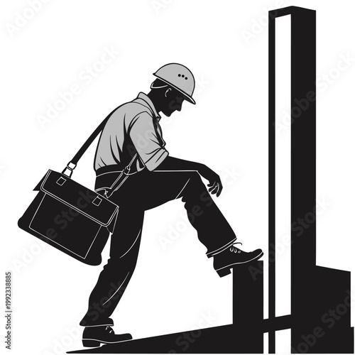 Vector illustration of a construction worker or engineer climbing steps with a messenger bag, construction