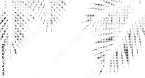 Tropical palm leaf silhouette created with black halftone dots isolated on transparent background for summer vacation posters and floral nature branding.