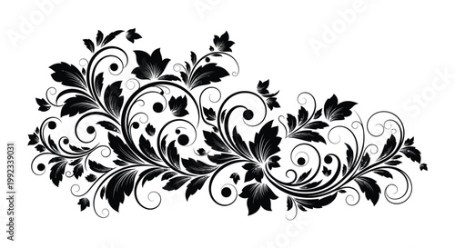 An ornate floral design featuring swirling leaves and blossoms rendered in a striking black silhouette high quality professional detailed modern elegant