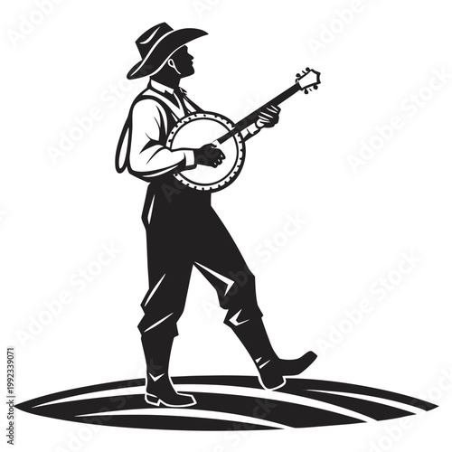 Vector illustration of cowboy playing banjo on a field with musician silhouette instrument overalls