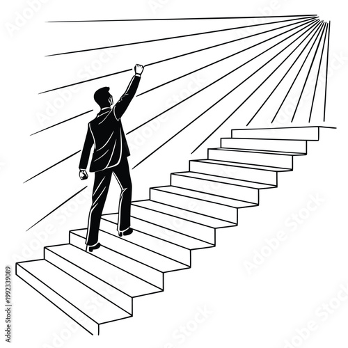 Vector illustration of businessman climbing stairs towards light with businessman climbing ambition