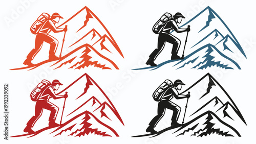 Vector illustration of a hiker climbing a mountain with climbing mountain trekking backpack outdoors