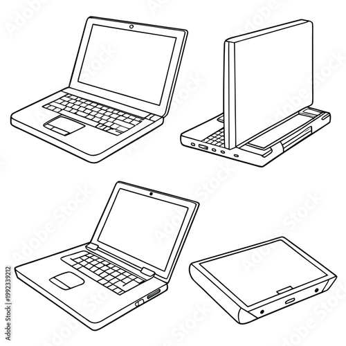 Vector illustration set of laptops from different angles with computer notebook technology electronics