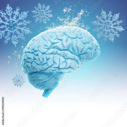 Brain freeze concept with Frozen human brain with snowflakes side view isolated on transparent background